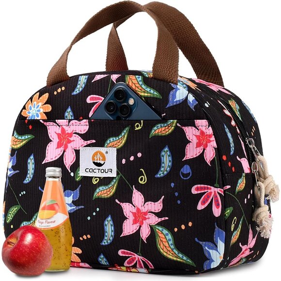Cute Floral Corduroy Lunch Box for Women & Teens, Insulated Tote for Work/School - Picture 1 of 7